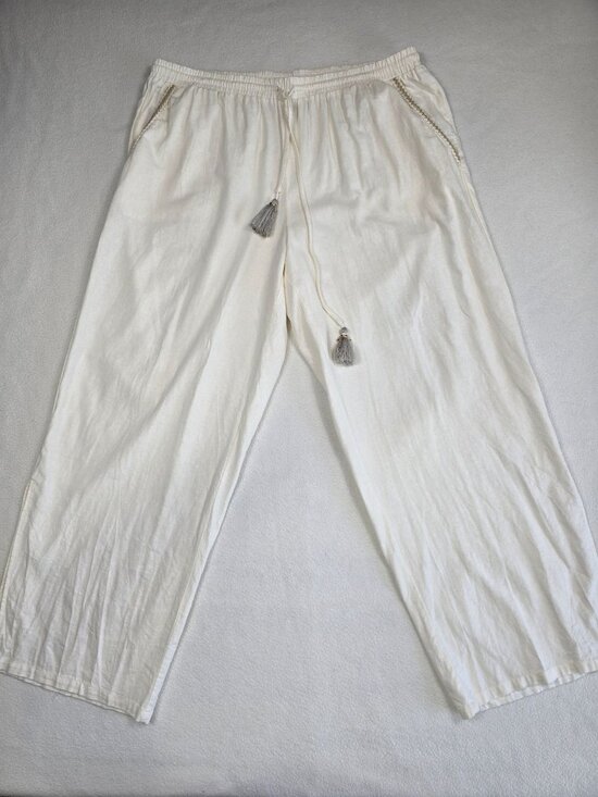 Melissa Paige Pants - Melissa Paige White Linen Blend Drawstring Pants XL With Tassels Boho